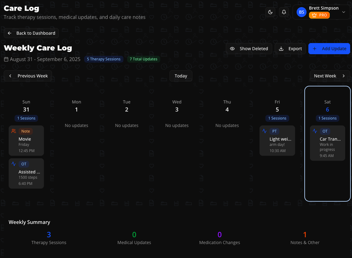 Logivva care log screenshot showing shared notes and uploaded documents for coordination with the care team